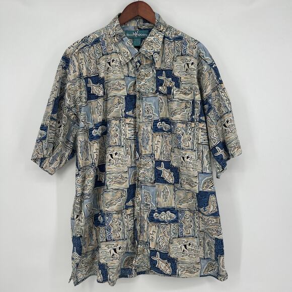 Vintage Big Dogs Hawaiian Shirt Mens XL Blue Fishing Cotton Short Sleeve - Picture 1 of 9